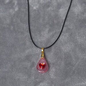 Handmade Pink Heart Teardrop Resin Pendant Necklace 18 in Black Cord Gold Clasp